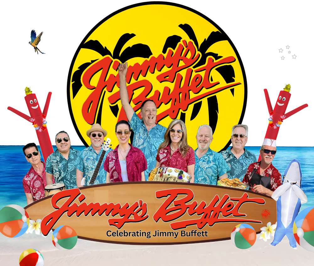 Jimmy's Buffet, A Celebration of Jimmy Buffett — the band on the beach in front of a giant sun logo